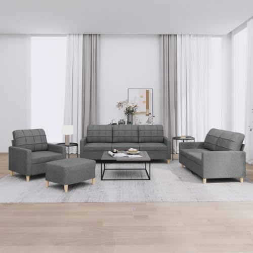 vidaXL Sofagarnitur 4-TLG., Sessel Couch mit Kissen Fußhocker, Sofa Wohnzimmersofa mit Armlehnen, Couchgarnitur Designsofa Sitzmöbel Polstermöbel, Dunkelgrau Stoff – Bild 3