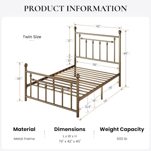 Image of SHA CERLIN 45 inch Twin Size Metal Bed Frame, Vintage Headboard, Antique Bronze