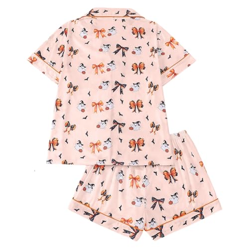 Conjunto de pijama para mujer, con estampado de Halloween, cuello de solapa, manga corta, pantalones cortos, ropa para el hogar, ropa de descanso cómoda a juego para mujer, 01# Beige, XL