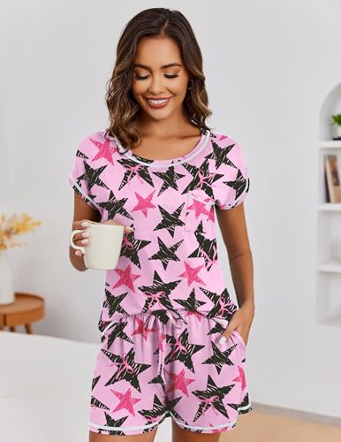 Image of Ekouaer Womens Pajama Sets 2 Piece Soft Short Sleeve Top and Shorts Sleepwear Round Neck Pjs Lounge Set with Pockets