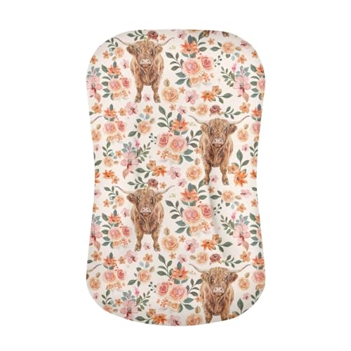 Image of ZDCUSTOM Flower Cow Bassinet Fitted Sheets for Oval, Rectangle, Hourglass Bassinet Mattress/Pad Soft Breathable Baby Fitted Sheet Bassinet Sheetsack