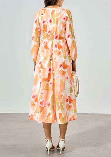 PRETTYGARDEN Women's Floral Midi Dress Casual Fall V Neck Long Sleeve Flowy Spring Beach Wedding Guest Vacation Dresses