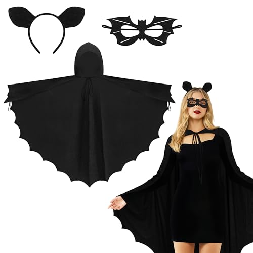 Ueyben Fledermaus Kostüm Umhang, Fledermausflügel mit Maske Fledermausohren-Stirnband Vampir Fledermaus Cape für Mädchen Halloween Karneval Fasching Cosplay