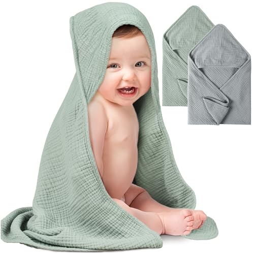 Image of Konssy 2-Pack Muslin Hooded Baby Towels, 100% Cotton, Ultra-Soft & Absorbent Baby Bath Towels with Hood for Newborn & Infant (Grey, Green,32" x 32")