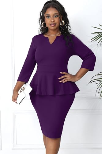 Image of Runwind Plus Size Dresses for Curvy Women, Work Church Professional Office Vintage Peplum Pencil Dress V Neck 3 /4 Sleeve