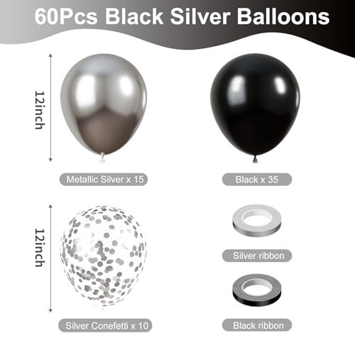 Image of KBZVNAF Black and Silver Latex Balloons - 60 Pack 12 inch Black Metallic Silver Confetti Party Balloons for Birthday, Baby Shower, Wedding, Bridal Shower, Graduation Party Decorations