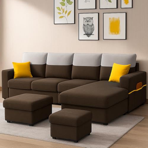 Image of Furny Tokiaa 8 Seater Fabric RHS L Shape Sofa Set with 1 Centre Table & 2 Puffy (Brown) | Soft Velvet Fabric | Modern Design | Comfortable Seating | Living Room Furniture