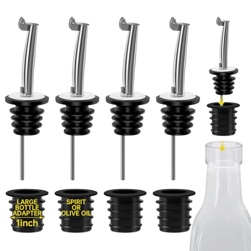 4Pcs Stainless Steel Flip Top Bottle Pourers,4pourer+ 4Adapters for Large Neck Bottles,Also for Olive Oil, Juice, Syrup,Converts Any Spout into a Large Pour Spout (4)