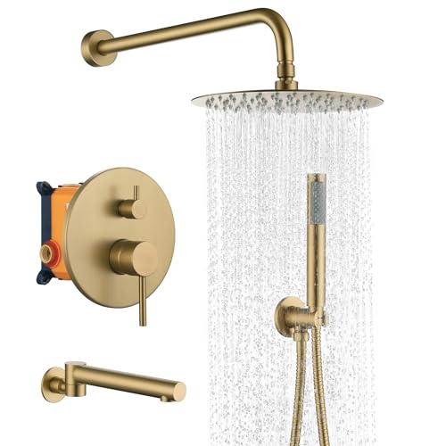 MONDAWE Round Shower Faucets Sets Complete with Tub Spout, Wall Mounted Shower System 10 Inch Rainfall Shower Head with Handheld Combo, Brushed Gold High Pressure Shower Faucet Set