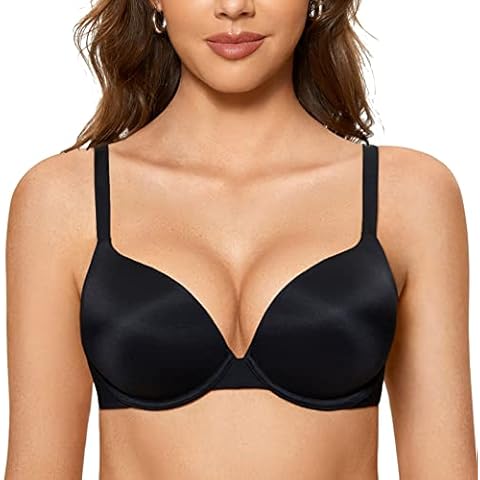 DOBREVA Women's Push Up Bra Plunge Full Coverage T Shirt Bras Comfortable Padded Underwire Black 40A Cover