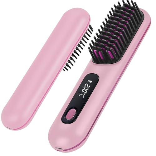 NUMOYA Go Brush Pro 2026 Upgrade Portable Cordless Hair Straightener Brush for Women (Pink)