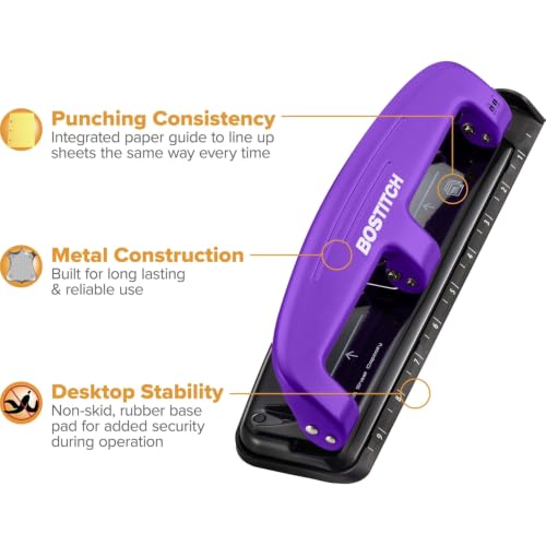 Image of Bostitch Office EZ Squeeze Reduced Effort 3-Hole Punch, 12 Sheets, Purple