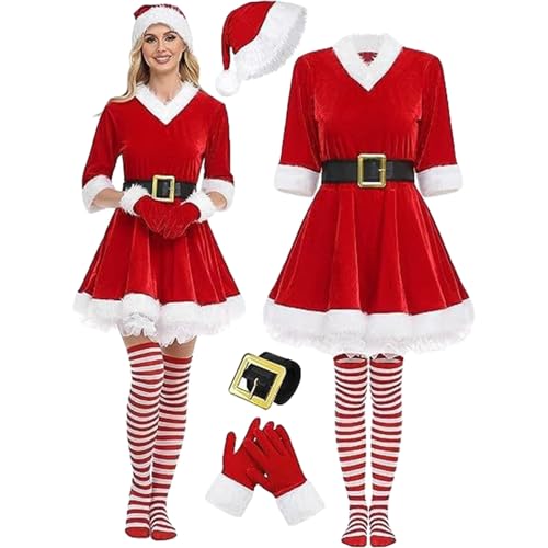 Leaomuny Fantasia de Natal para Mulher Papai Noel Vestido com Capuz Vermelho Traje de Papai Noel Mãe Noel Cinto Festa de Natal Presentes com Vestido, Capa, Cinto e Gorro