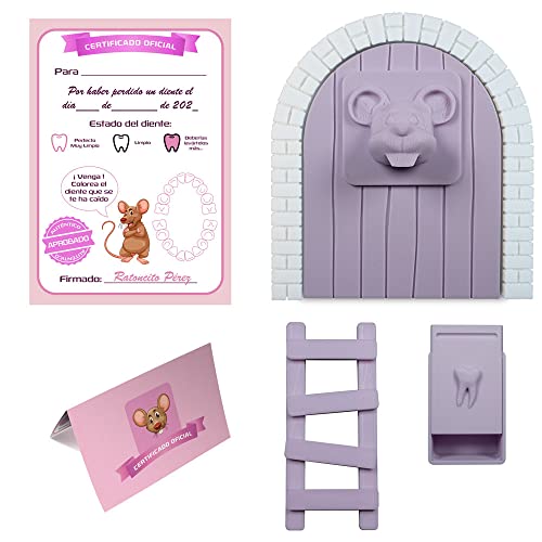 Mfs Myfuturshop Ratoncito Pérez Puerta Mágica, Caja Para El Diente, Escalera, 4 Certificados De Diente Limpio. Regalo Original Para Niño Y Niña. Morado Pastel