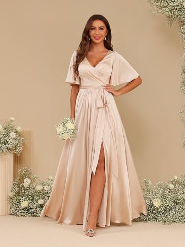 YOFF Women's Short Sleeves A-line Bridesmaid Dresses 2025 with Slit Long Ruched Satin Prom Dresses YO1834