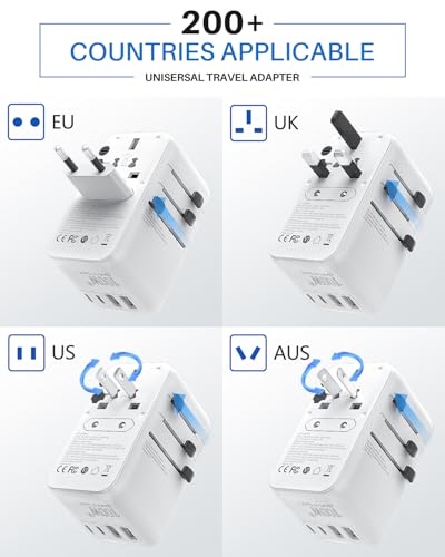 DOACE Universal Travel Adapter, 100W GaN 3.0 International Power Adapter with Built-in USB-C Cable, 6 in 1 Travel Adapter with 5 USB Ports, Plug Adapter Worldwide for EU/UK/USA/AUS(White)