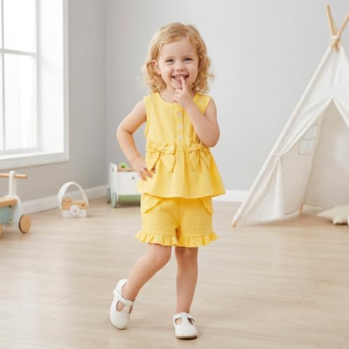 Image of Toddler Girl Clothes Sleeveless Top Shorts 2Pc Summer Outfit 12M-5T | 100% Cotton, Soft breathable, Double crepe fabric, Adorable bow ruffle pocket design, Perfect for daily wear, birthday, party