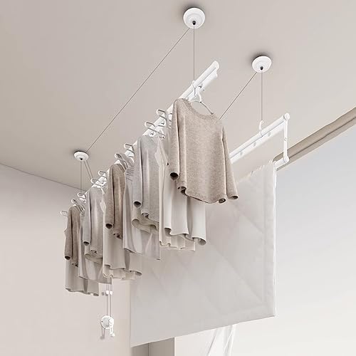 Ceiling Drying Rack White Lifting Clothes Hanger Balcony Double Pole Clothes Hanger Top Mounted Hand Operated Household Automatic Clothes Hanger for Balcony, Bathroom to,