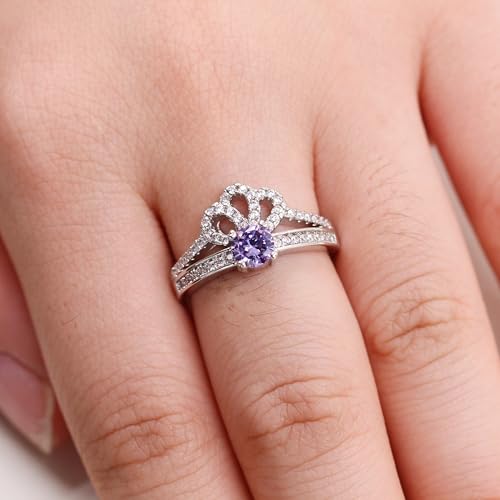 Women's Dainty Birthday Princess Ring Crown Design - Round Cubic Zirconia Tiara Promise Band - Special Occasion Tiara Statement Engagement Rings for Her