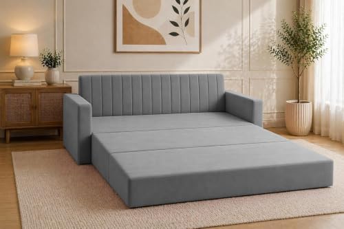 Image of Modern Velvet Three Seater Sofa Cum Bed with Armrest Convertible Sleeper Sofa Sofa for Living Room, Bedroom & Office - Grey Color