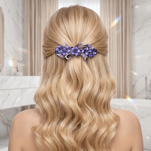 Fancy Flower Rhinestone Hair Clips, Accesorios para el cabello, pinza con cristal brillante para bodas y fiestas (Púrpura) miniatura 3