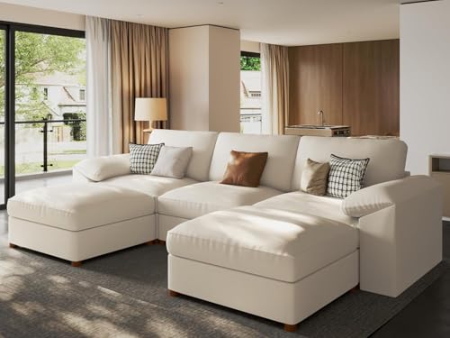 Image of EASE MOOSE Oversized Faux Leather Modular Sofa with Deep Seat,Extra Large Sectional U Shaped Couch for Living Room,Comfy Scratch Resistant Couch,Modern Sofas with Ottoman,Beige