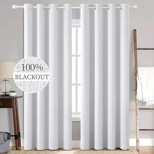 Image of MIULEE Linen Texture Curtains for Bedroom Solid 100% Blackout Thermal Insulated Grayish White Curtains Grommet Room Darkening Curtains /Drapes for Living Room 52x72 Inch (2 Panels)