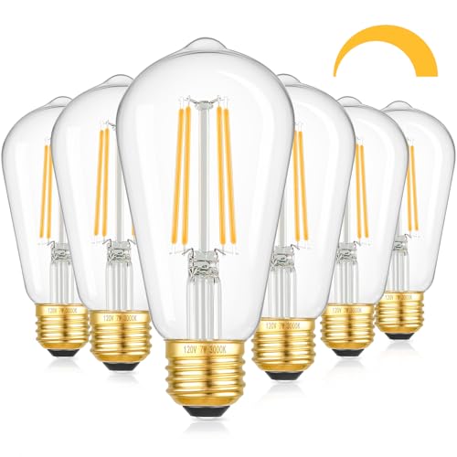 Image of Kondras Dimmable LED Bulbs, 7W 850Lumens High Brightness, 60W Incandescent Equivalent Bulbs, 3000K Soft White, ST58 Antique Filament Light Bulbs, E26 Base, Clear Glass, Vintage Bulbs for Home, 6-Pack