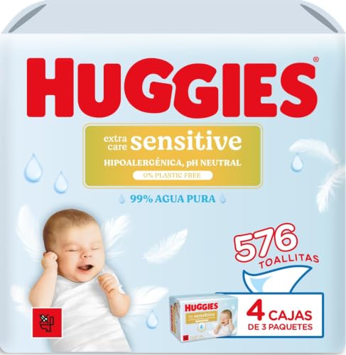 Huggies Extra Care Sensitive Toallitas para Bebé, 99% Agua Pura, 12 Packs de 48, Total 576 Toallitas