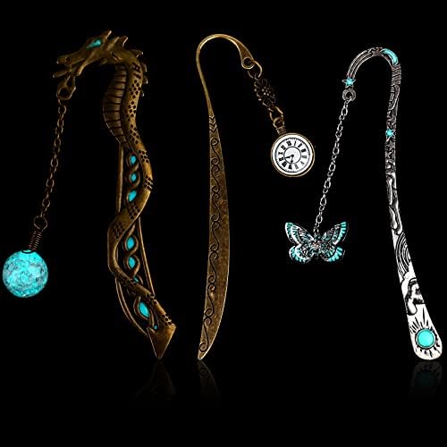 OBANGONG 3 Pcs Retro Glow in The Dark Book Mark Dragon Butterfly Clock Shape Luminous Metal Bookmark with A String of Beads