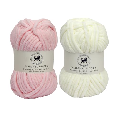 NESTNHAVEN Wool Plush & Cuddly, Chenille Yarn Hand Knitting Wool Ball (1 Ball/100 Gram Each) Ideal for Craft, Babywear, and Baby Blankets, Shade no - NNHB0031 (Baby Pink) & NNHB0031 (Off White)