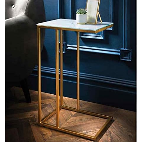 Dylex Gold Side Table, Coffee Table With Marble Glass Top C Shaped End Table Living Room Cover