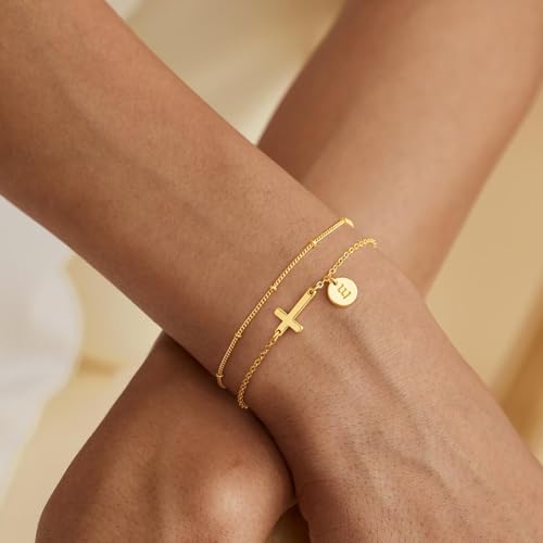 M MOOHAM Gold Initial Cross Bracelets for Women - 14K Gold Plated Dainty Layered Cross Bracelet Disc Letter A-Z Bracelet for Teen Girls Gifts Religious Christian Gifts for Women Girls3