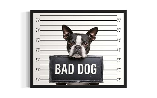 Image of aj decor Boston Terrier Mugshot Wall Art Print Poster, Dog Pet Lover Picture Painting Artwork Bedroom Living Room Office Dining Room 150D (Boston Terrier Mugshot, 16 x 20 inches, Black Frame)