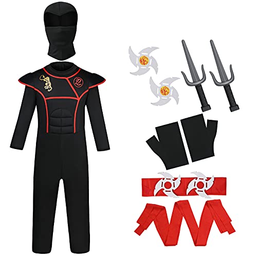 ACWOO Ninja-kostuum Voor Kinderen, 13-in-1 Halloween-kostuum Voor Kinderen, Ninja-kostuum Voor Kinderen Met Rode Riemen (arm- En Beenbanden), Werpsterren (darts), Ninjadolken, Maskers, Riemen En Handschoenen Voor Kindercosplay En Aankleden Feest, Carnaval, Halloween, Themafeest, Vechter - Image 3
