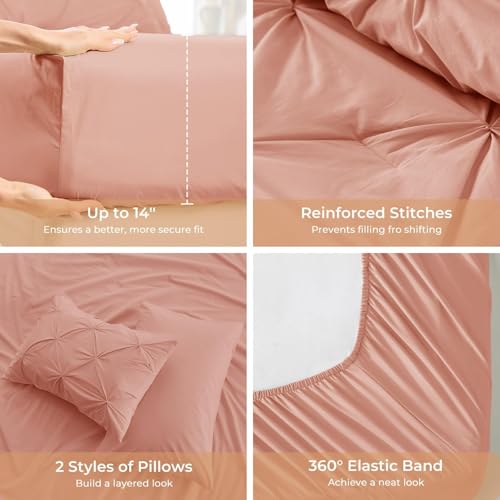 Image of Sasttie King Size Comforter Set, 7-Piece Bed in a Bag, Pintuck Bedding Set for All Season, Includes Comforter, Flat Sheet, Fitted Sheet, Pillowcases and Pillowshams, Blush