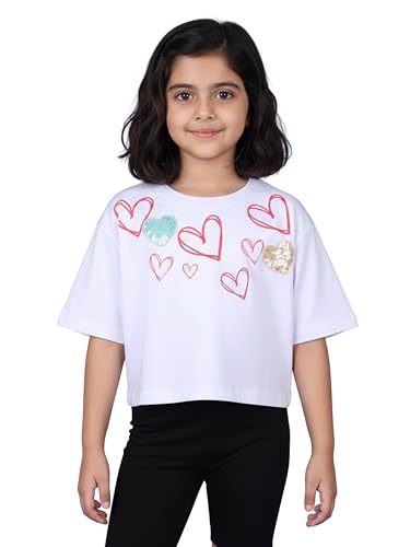 Image of KiddoPanti Girls 100% Cotton Solid Drop Shoulder Half Sleeve Round Neck Crop Tee