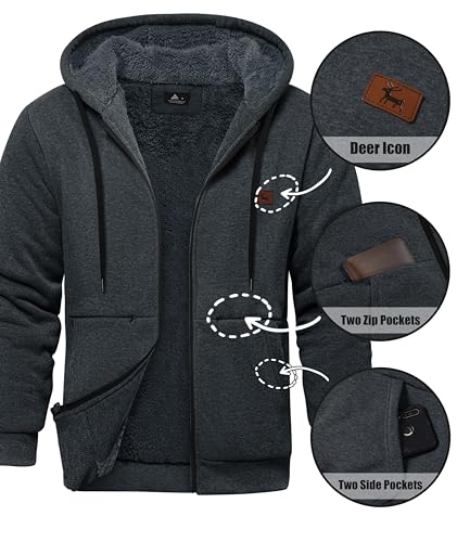 Image of Little Beauty Fleece Hoodies for Men Winter Thick Jackets Sherpa Lined Zip Up Sweatshirt With Kanga Pocket