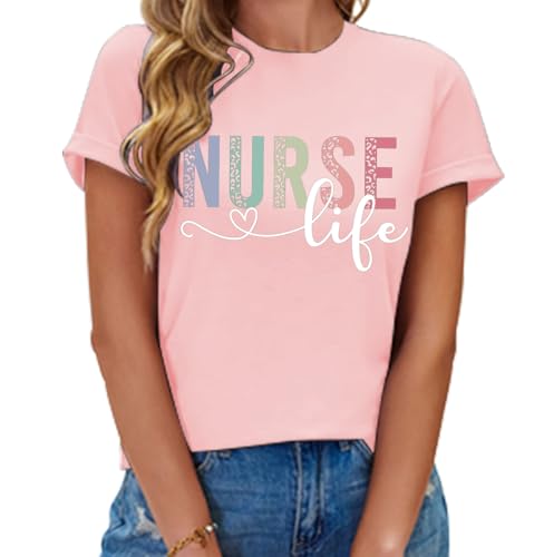 Image of Women Nurse Shirts Nursing Life Letter Short Sleeve Register Nurses Inspirational Tee