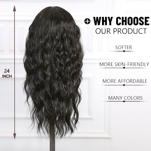 Esmee Long Wave Black Brown Wig for Women with Curtain Bangs Natural Synthetic Hair Wigs for Daily Party Use - Image 4