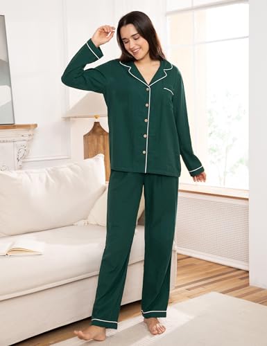 Image of Womens Muslin Pajama Set 100% Cotton Double Gauze Linen Like | Breathable Soft Comfort Button Up Loungewear Sleepwear PJ Set