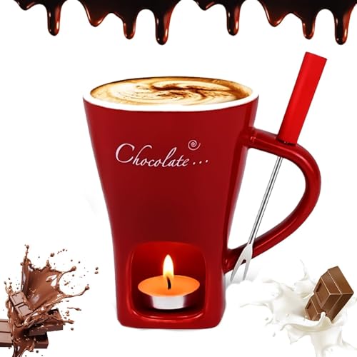Generico Ultimate Chocolate Fondue Mug Set Ceramic Personal Melting Cup for Cheese, Ideal for Romantic Evenings - Includes Fondue Cups with Forks & Tealight Candle Mini Simmer Mug. (Red)