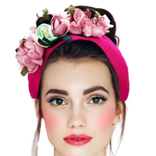Sinalty Boho Wide Headbands Flowers Pink Headband Non Slip Handmade Hair Bands for Women's Hair Festival Prom Party Headwear (Pink)