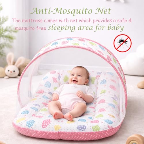 Image of Infantbond Baby Mattress with net | Baby Carry Bag | 4 Pcs Bedding Set | Peach Sprial (0-6 Months)(Full Set)