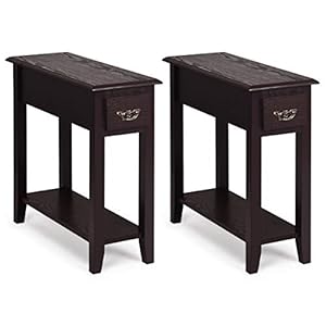 Tangkula Narrow End Table Slim Side Table with Drawer and Open Shelf Small End Tables for Small Spaces Narrow Nightstand Bedside Table for Living Room Bedroom 98 x 236 x 236 Inches 2 Coffee
