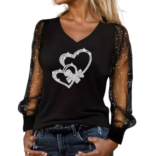 Women's Rhinestone Tops V Neck Sheer Long Sleeve Sequin Heart Valentine's Day T Shirt Blouses