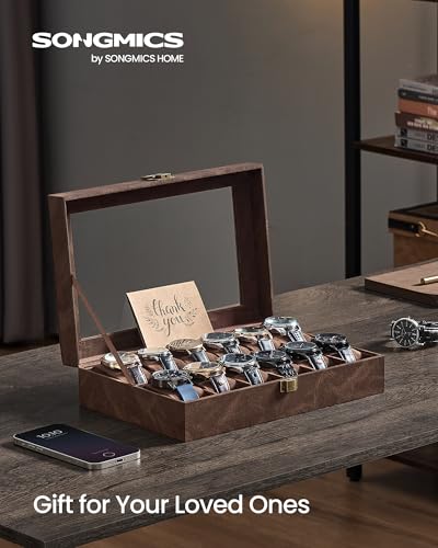 Image of SONGMICS Watch Box, 12-Slot Watch Case Organizer with Large Glass Lid, Removable Pillows, Gift for Loved Ones, Coffee Brown Synthetic Leather, Coffee Brown Lining UJWB120KQ01S
