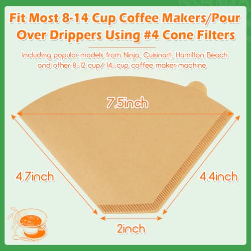 Image of BYKITCHEN 400PCS #4 Cone Coffee Filters Fits 8-12 Cup & 14 Cup Coffee Makers, Size 4 Unbleached Disposable Coffee Filter Paper, Compatible with Ninja, Cuisinart 12-Cup / 14-Cup & Drip Coffee Machine