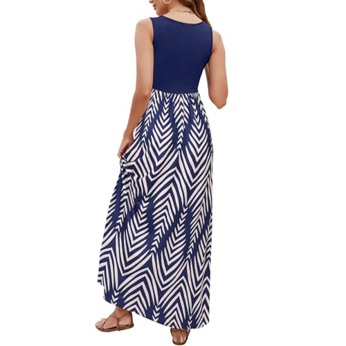 Image of Sherosa Women Boho Chevron Striped Floral Printed Summer Sleeveless Tank Long Maxi Party Dress