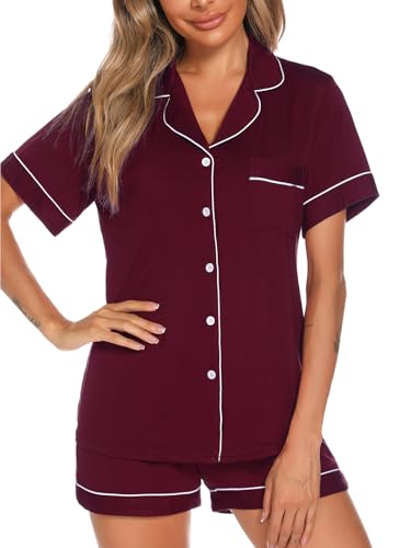 Image of Aamikast Button Up Pajama Set for Women Shorts Short Sleeve Knit Sleepwear 2 Pice Pjs Sets